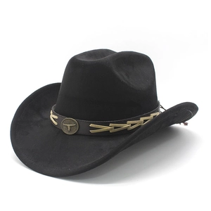 Black suede cowboy hat with wide brim and vintage metal bull head leather band