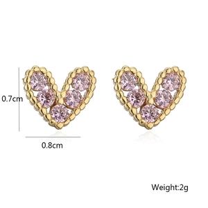 Detailed view of 18K gold plated heart earrings with dimensions and pink zircon