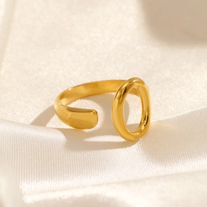 Adjustable 18k gold plated stainless steel open ring featuring a hollow oval design