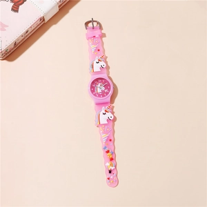 Detailed view of pink unicorn kids watch with 3D silicone strap and Arabic numerals