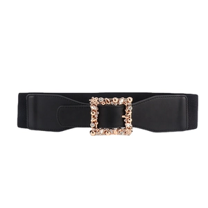 Elastic black waist belt featuring a gold square buckle with rhinestones and pearls