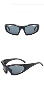 Front and side views of black Y2K sports sunglasses with futuristic wraparound design
