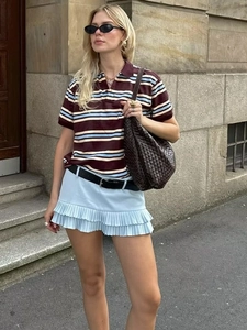 Gestreiftes Polo-Shirt Und Plissierter Minirock Polyester-Spandex-Mischung Lässige Streetwear Preppy-Stil Damen Retro-Mode