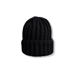Close-up of black knitted beanie showing vertical thick ribbed texture and folded cuff detail