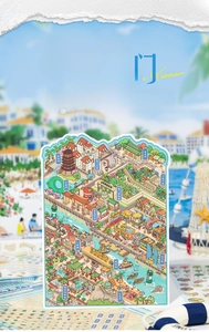 Close-up of 3D miniature Xiamen city stickers featuring Gulangyu and Twin Towers landmarks