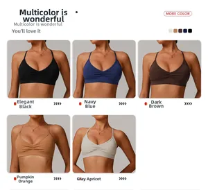 Detail view of quick-dry V-neck sports bras featuring ruched front and multiple color options