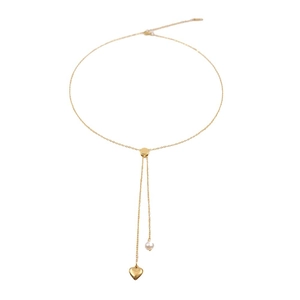 Gold-tone Y-necklace with heart pendant, pearl accent, and adjustable slide closure
