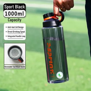 Detail of 1000ml sports water bottle with removable tea filter and portable loop