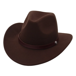 Classic dark brown western cowboy felt hat with leather band and metal badge accent