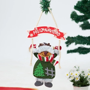 Close-up of a festive reindeer doll with a Feliz Navidad banner for Christmas decor