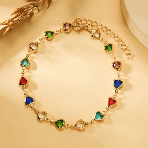 Colorful heart gemstone bracelet with gold-plated chain and adjustable lobster clasp