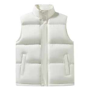 Men's white stand collar quilted vest with snap buttons and side pockets in white background