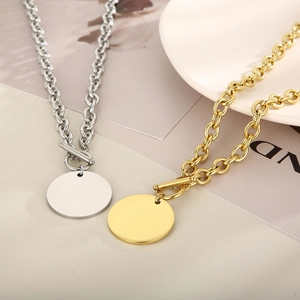 Polished titanium steel O-chain necklaces with round pendants in gold and silver