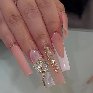 Press On Nails Long French Coffin Bow Rhinestone Champagne Gold ABS Alloy Sparkly False Nails For Women Glamour