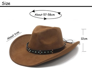 Tableau des tailles pour chapeau de cowboy en daim marron avec perles de turquoise