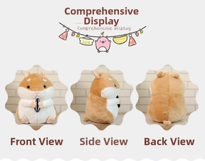 Three-sided view of a cute plush hamster keychain holding a sunflower seed ornament