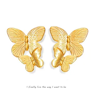 Butterfly Stud Earrings Double Layer Textured Titanium Steel PVD Gold Plated Korean Style Elegant Jewelry For Women