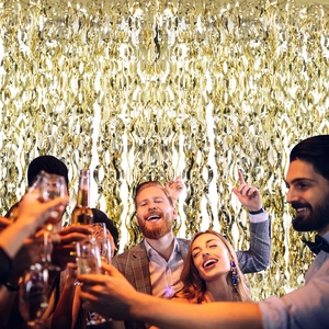 Golden metallic tinsel foil fringe curtain for party wall decoration and backdrop