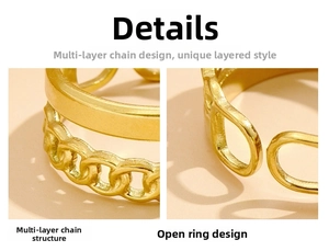 Macro shot of gold layered chain ring detailing with adjustable open band design