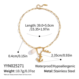 Detailed size specifications for 18K gold stainless steel shell and anchor charm necklace