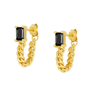 Detail of S925 silver gold-plated earring with black zircon and Cuban chain link design