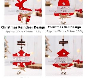 Close-up of wooden Christmas ornaments with deer and bell shapes in red and white tones