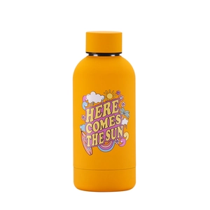 Detail of yellow matte stainless steel bottle with retro sun illustration and artistic text