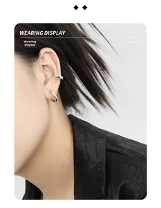 Close-up of minimalist S925 sterling silver hoop earring and ear cuff set on model