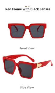 Detail of red square sunglasses featuring golden M logo on the metal temple hinges