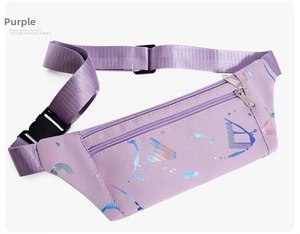 Detail of purple sports waist bag with graffiti splash pattern and adjustable strap