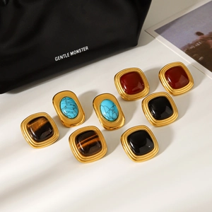 French vintage earrings with tiger eye and turquoise stones in 18k gold plating