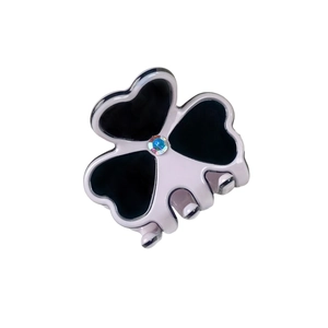 Small clover acetate hair claw clip in black and pink with centered sparkling rhinestone