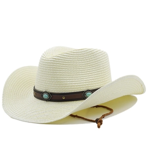 Close-up of woven straw cowboy hat with turquoise beads and brown leather chin strap