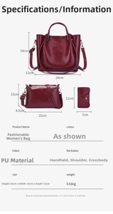 Detailed dimensions of burgundy PU leather 3-piece bag set with tote, crossbody, and pouch