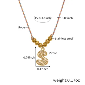 Detail view of colorful rope necklace with Zircon S letter pendant and dimensions