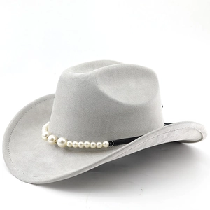 Detail of grey suede cowboy hat featuring white pearl beads on a black satin ribbon band
