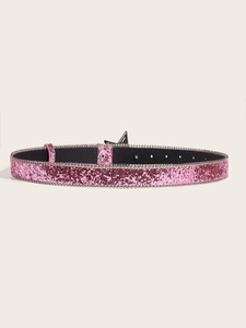 Detail of pink sequin belt with metallic beaded edges and sparkling texture finish