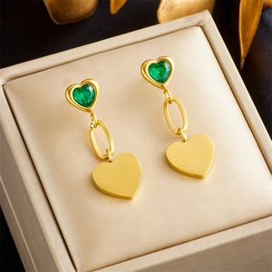 Vintage Heart Drop Earrings Gold Plated Titanium Steel Long Dangle With Zircon Heart Stainless Steel Earring Post Women