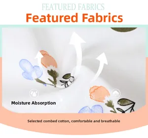 Détail macro du tissu en coton peigné respirant avec motif floral bleu et orange
