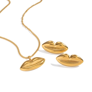 Golden stainless steel jewelry set featuring unique lip pendants necklace and earrings