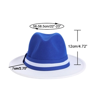 Two-tone wool fedora hat in navy blue and white with striped ribbon trim for unisex style
