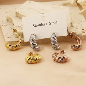 Croissant Creolen Edelstahl 18K Vergoldet Gedrehte Spirale Strass Französischer Vintage-Stil Damen