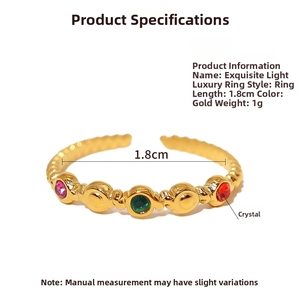Detail of adjustable gold ring with colorful crystals and 1.8cm inner diameter size