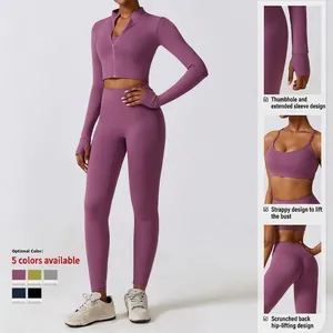 Ensemble de yoga 3 pièces avec veste zippée, brassière et legging taille haute mauve