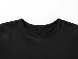 Close-up of a neat round neckline on a black elastic quick-dry sports t-shirt