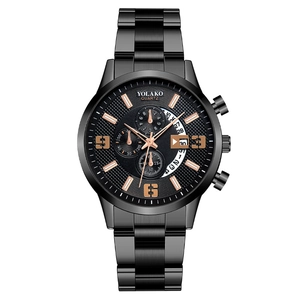 Fashionable black stainless steel quartz men's watch with triple dial and date display