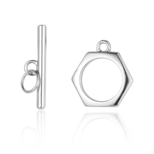 Fermoir à bascule hexagonal poli en argent avec barre en T pour bijoux sur fond blanc