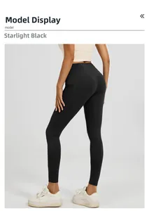 Close-up of high-waisted yoga leggings in starry black with functional side pockets