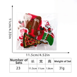Detailed size and weight specs for a 23-piece Christmas themed embroidery patch set