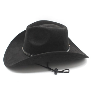 Detail of black suede cowboy hat featuring silver studs and adjustable chin strap